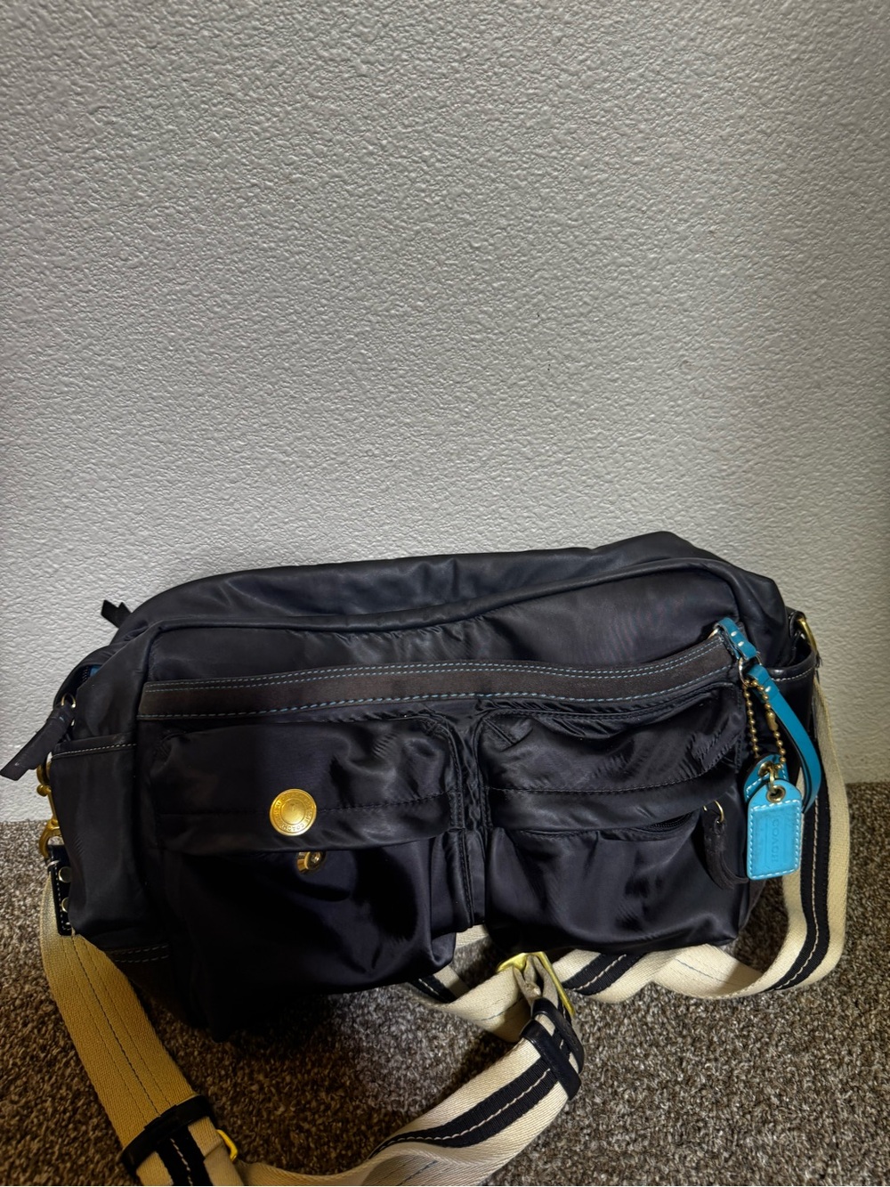 Black vintage coach Crossbody Messenger Bag with Blue Accent vintage
